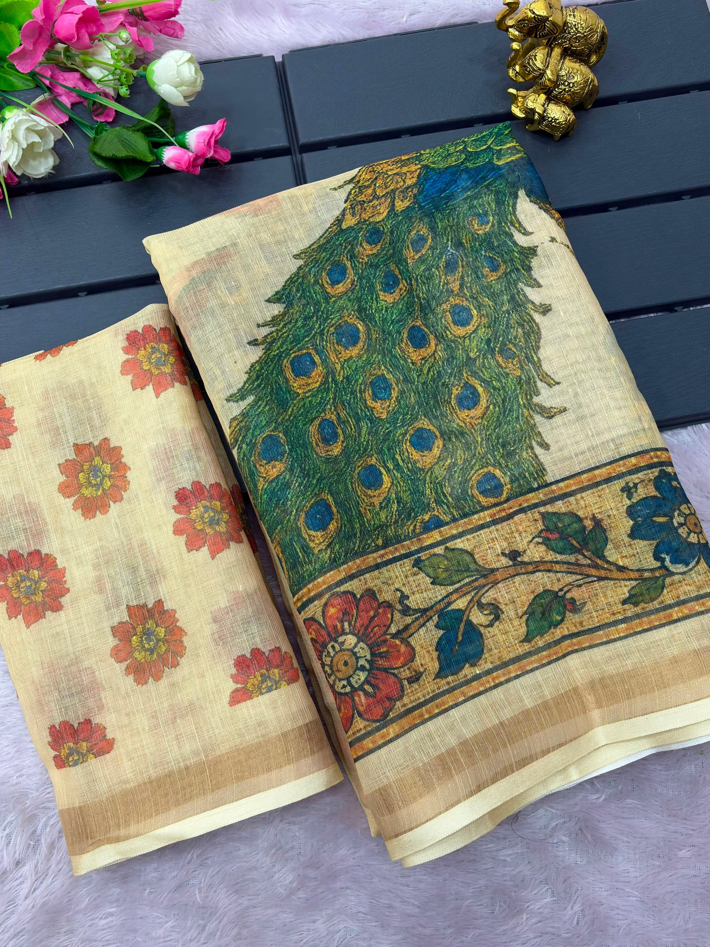 Elegant Soft linen Saree with Kalamkari Pallu