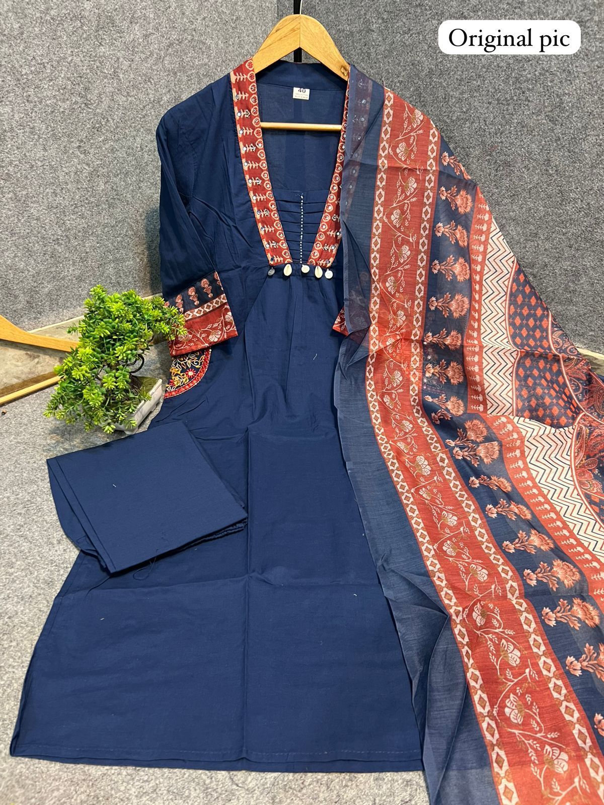 Blue Jaipuri Cotton Kurta Pant Dupatta Set