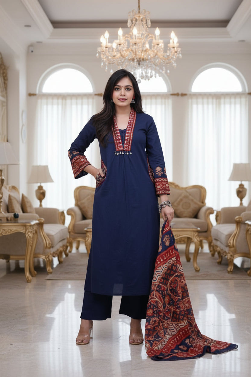 Blue Jaipuri Cotton Kurta Pant Dupatta Set
