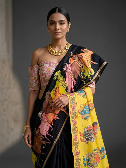 Nandi Mangla Pichwai Design Silk Saree