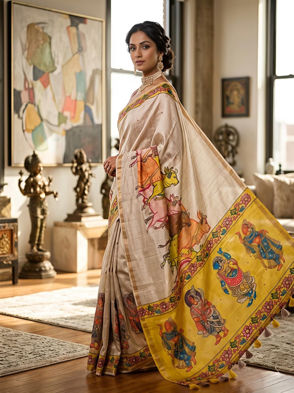 Nandi Mangla Pichwai Design Silk Saree