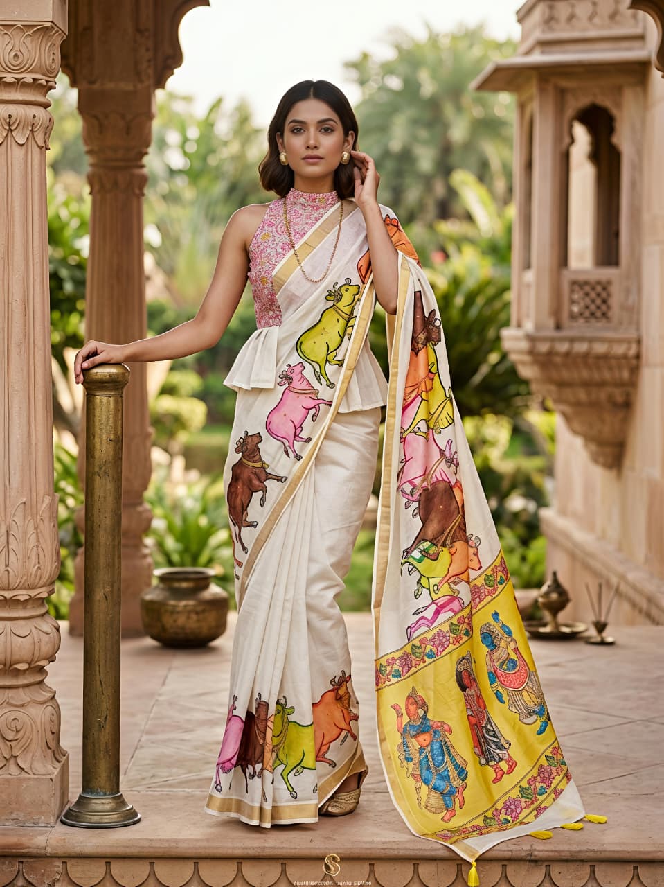 Nandi Mangla Pichwai Design Silk Saree