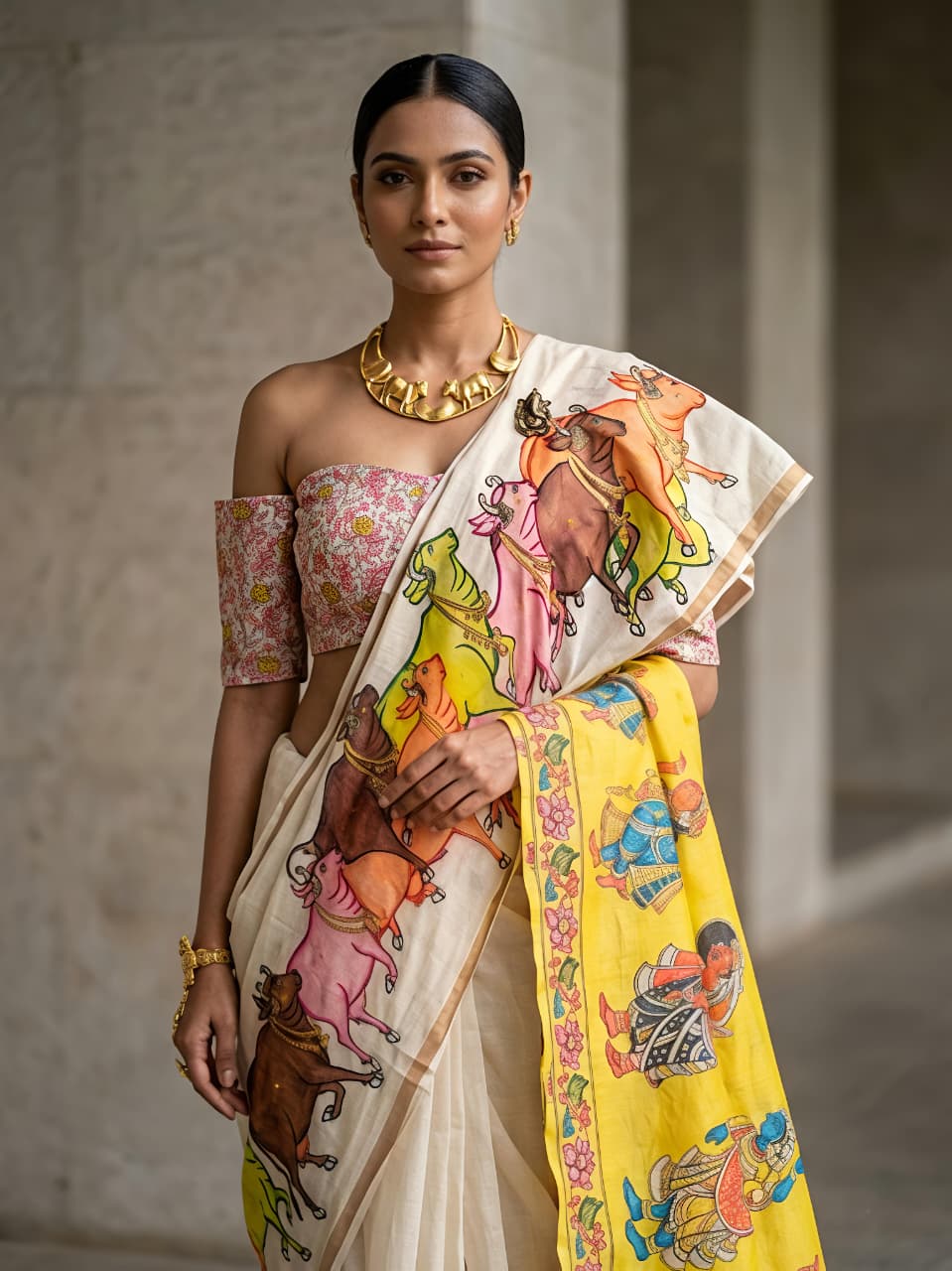 Nandi Mangla Pichwai Design Silk Saree