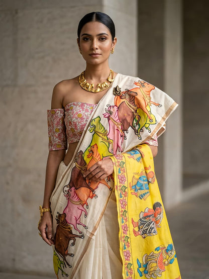 Nandi Mangla Pichwai Design Silk Saree
