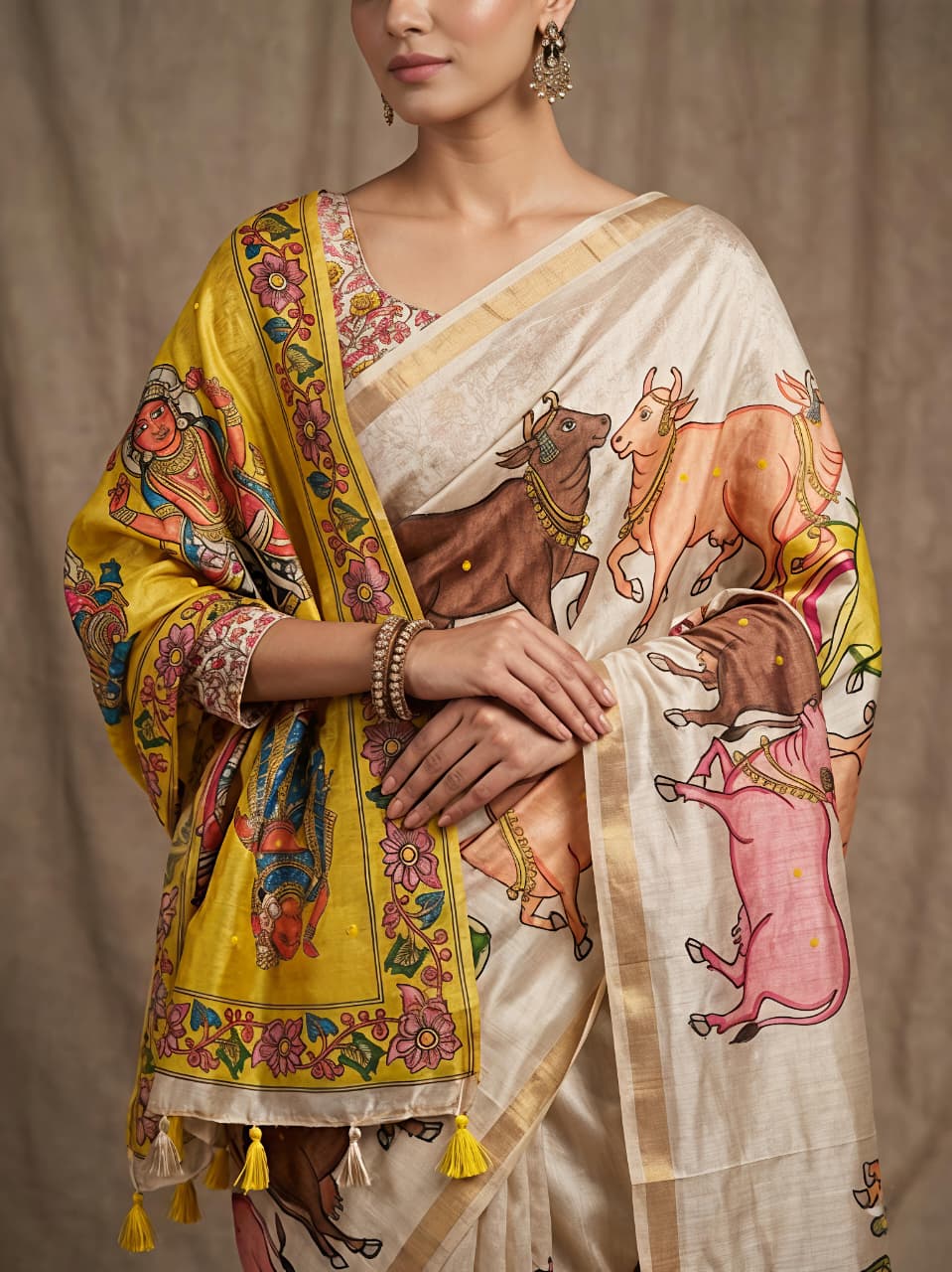 Nandi Mangla Pichwai Design Silk Saree