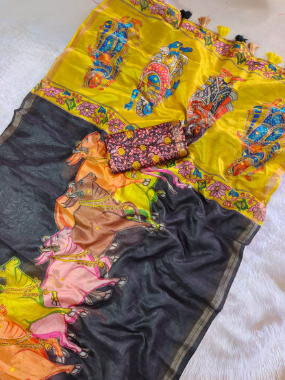 Nandi Mangla Pichwai Design Silk Saree