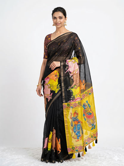 Nandi Mangla Pichwai Design Silk Saree
