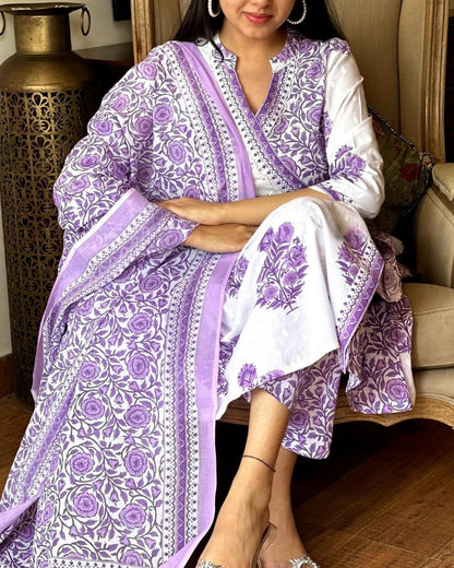 Stylish Purple Angrakha Style Block Print Cotton Kurta Set