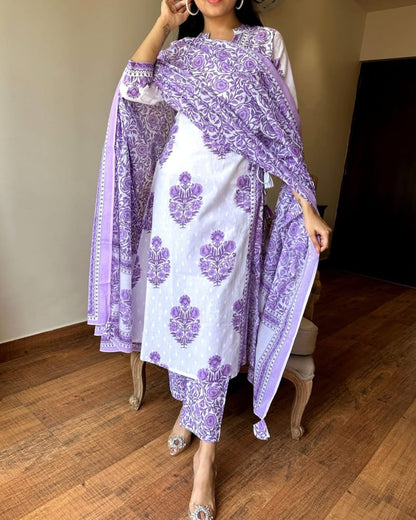 Stylish Purple Angrakha Style Block Print Cotton Kurta Set