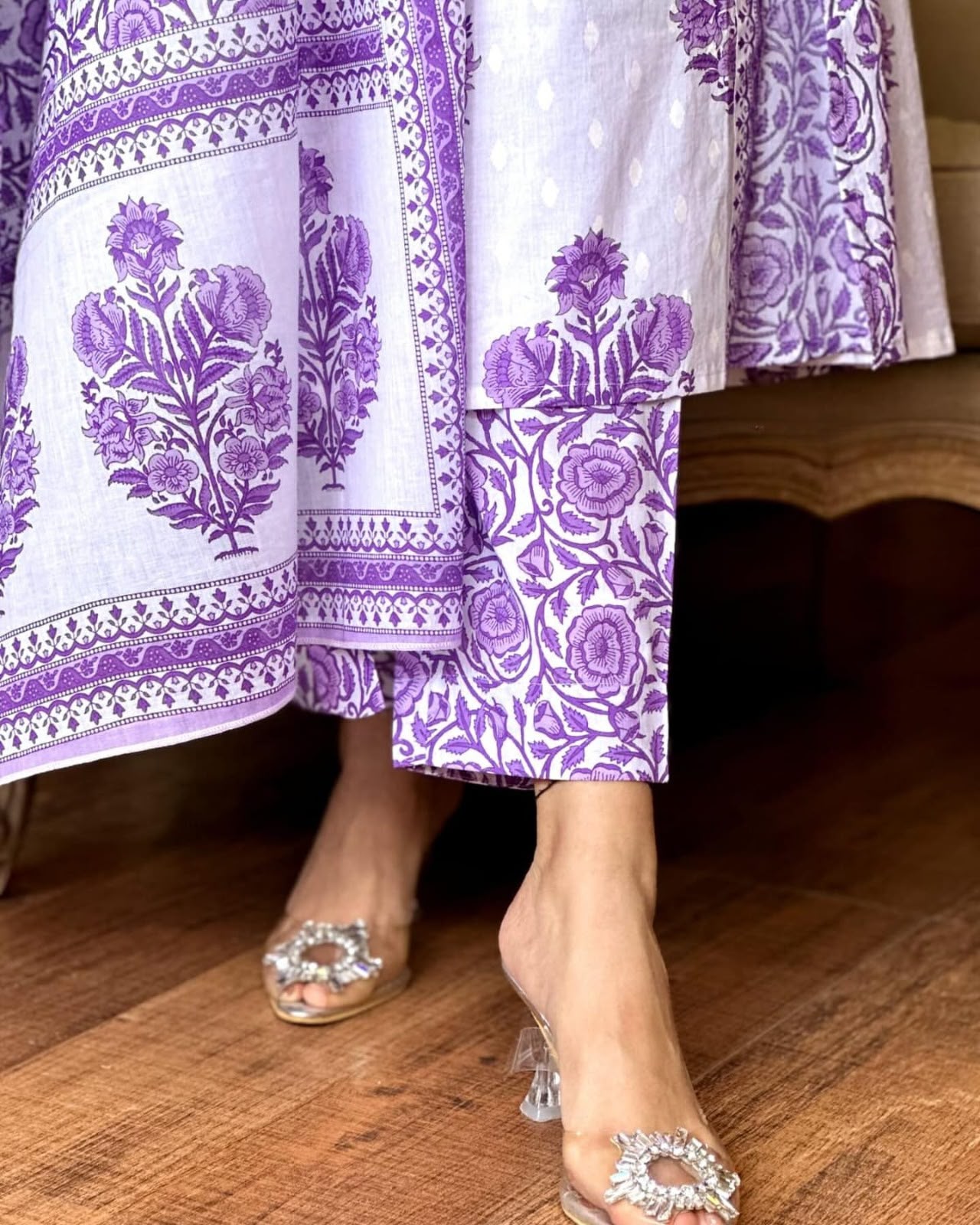 Stylish Purple Angrakha Style Block Print Cotton Kurta Set