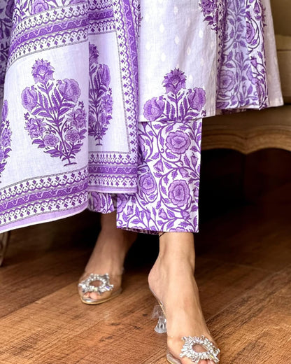 Stylish Purple Angrakha Style Block Print Cotton Kurta Set