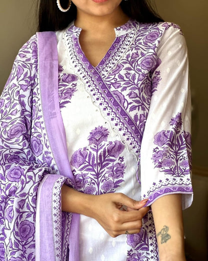Stylish Purple Angrakha Style Block Print Cotton Kurta Set