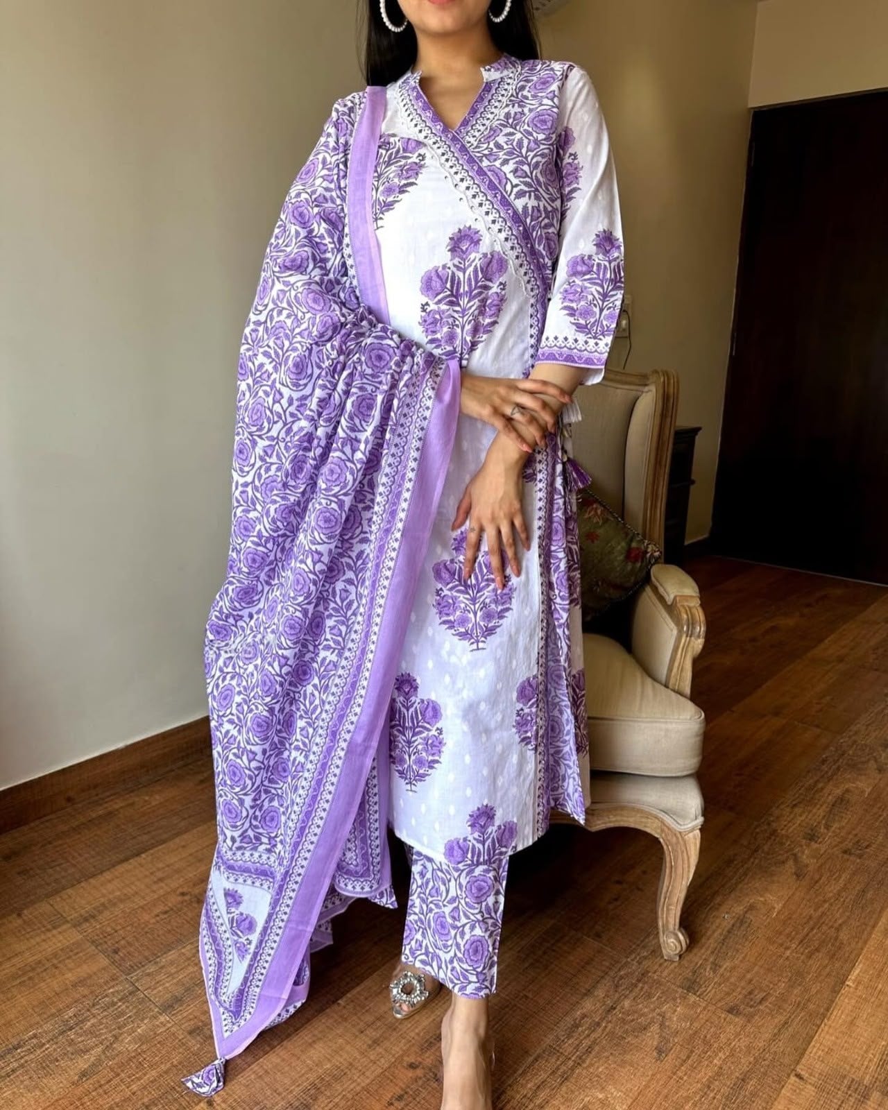 Stylish Purple Angrakha Style Block Print Cotton Kurta Set