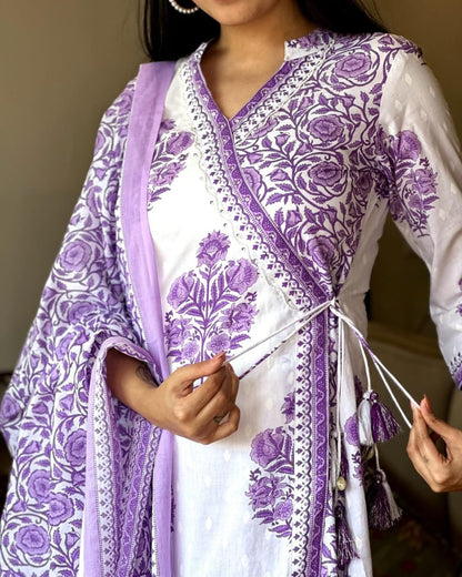 Stylish Purple Angrakha Style Block Print Cotton Kurta Set