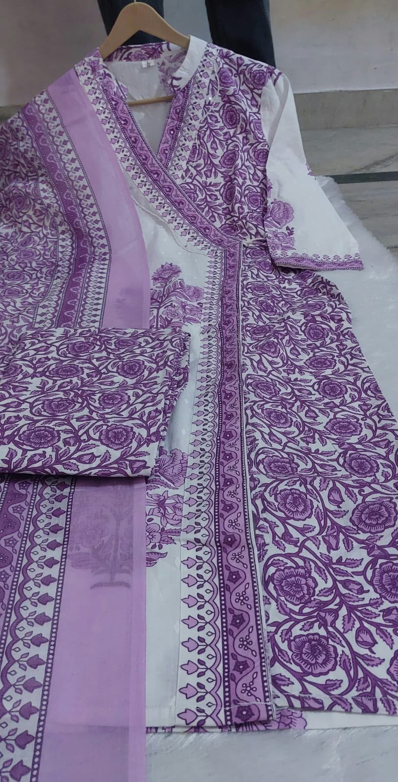 Stylish Purple Angrakha Style Block Print Cotton Kurta Set
