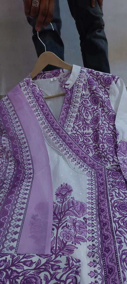 Stylish Purple Angrakha Style Block Print Cotton Kurta Set