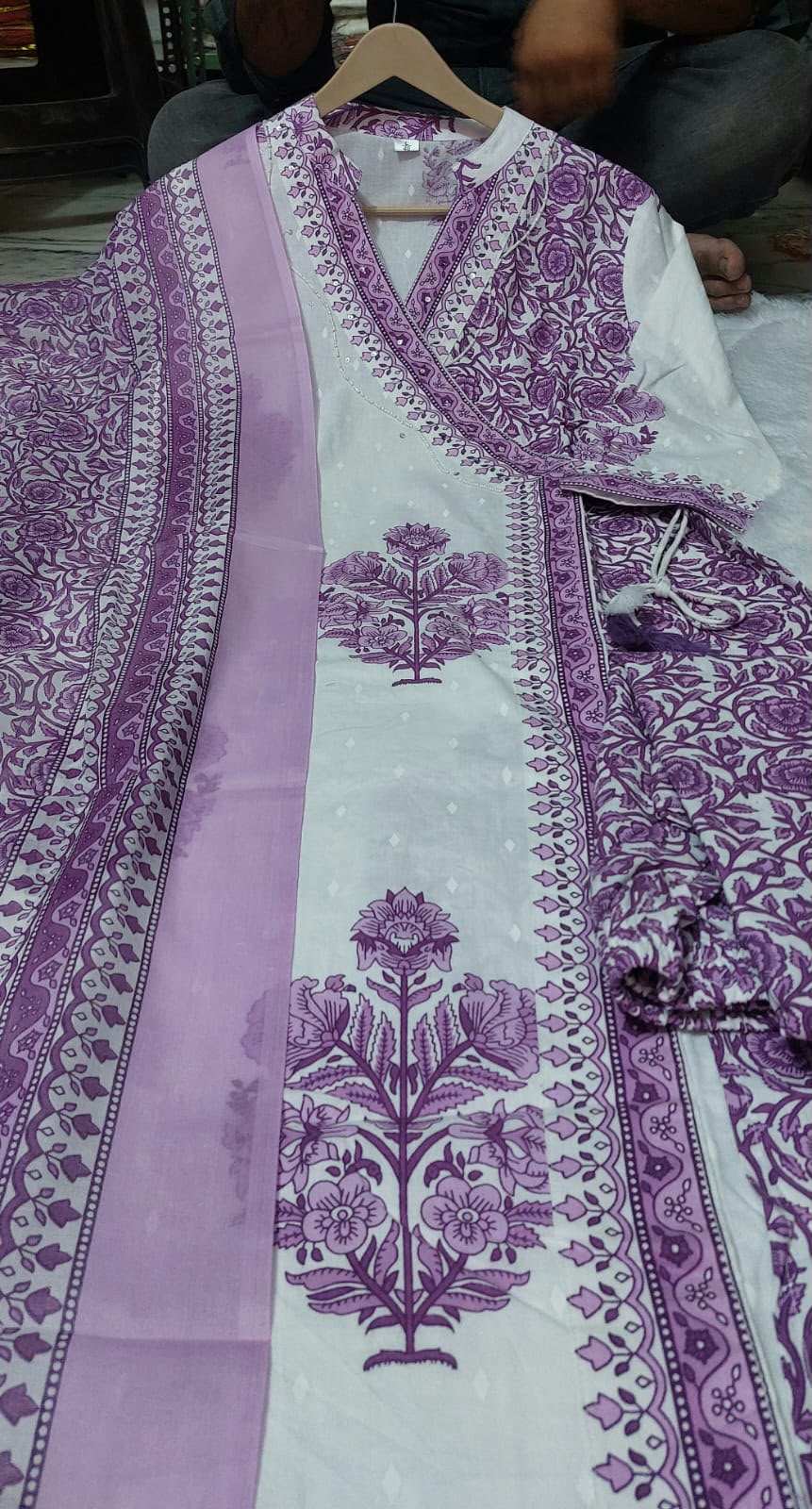 Stylish Purple Angrakha Style Block Print Cotton Kurta Set