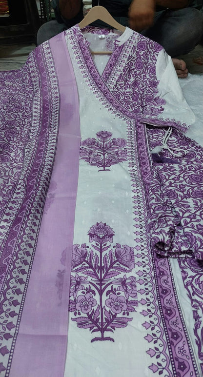 Stylish Purple Angrakha Style Block Print Cotton Kurta Set