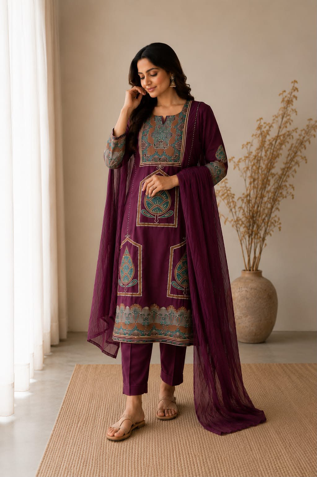 Stylish Purple Handwork Heavy Cotton Kurta Set