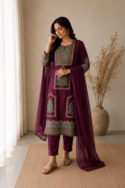 Stylish Purple Handwork Heavy Cotton Kurta Set