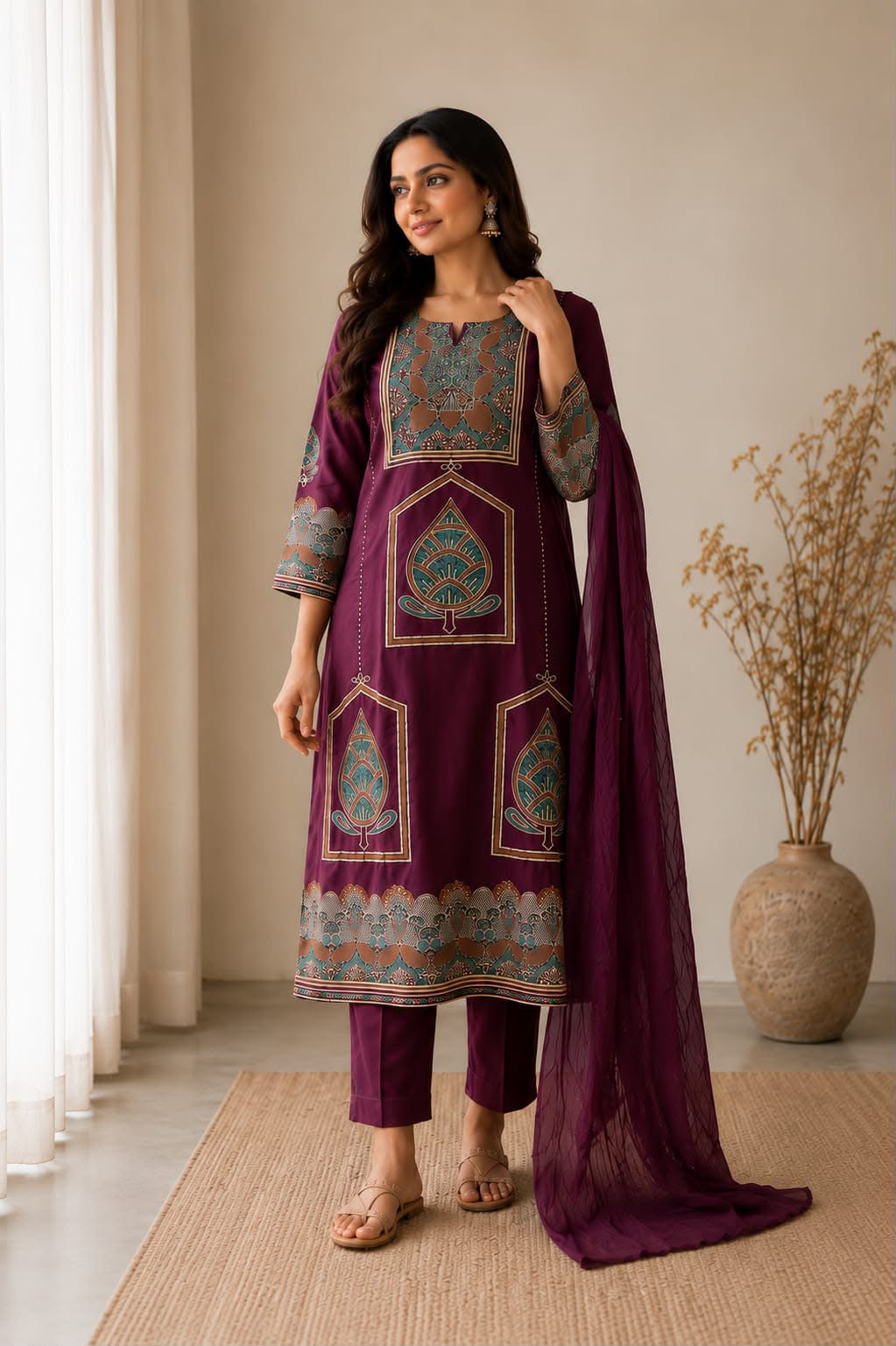 Stylish Purple Handwork Heavy Cotton Kurta Set