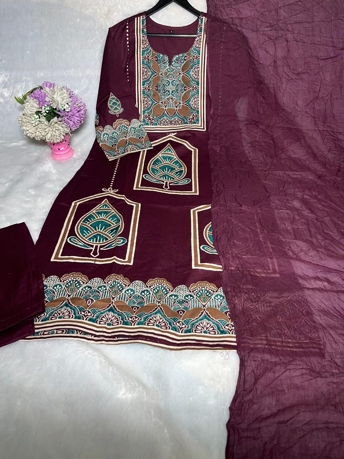 Stylish Purple Handwork Heavy Cotton Kurta Set
