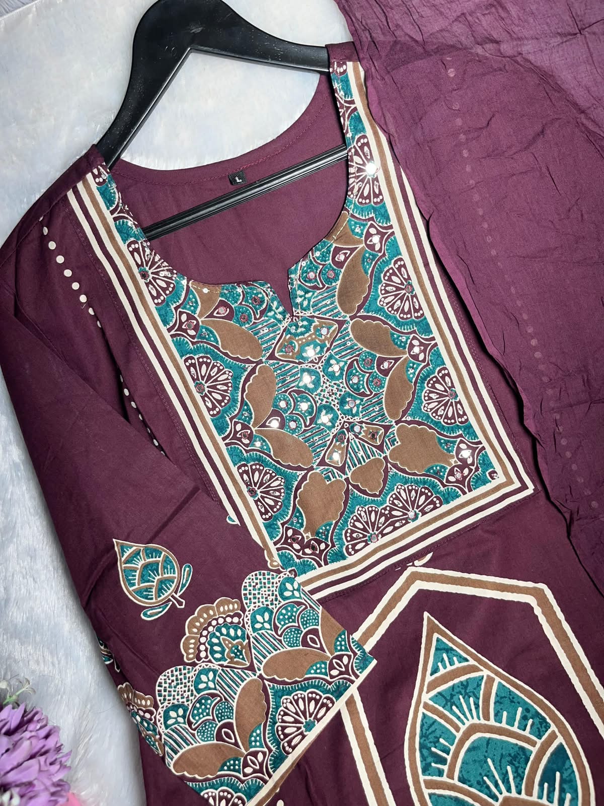Stylish Purple Handwork Heavy Cotton Kurta Set