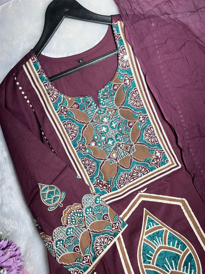 Stylish Purple Handwork Heavy Cotton Kurta Set