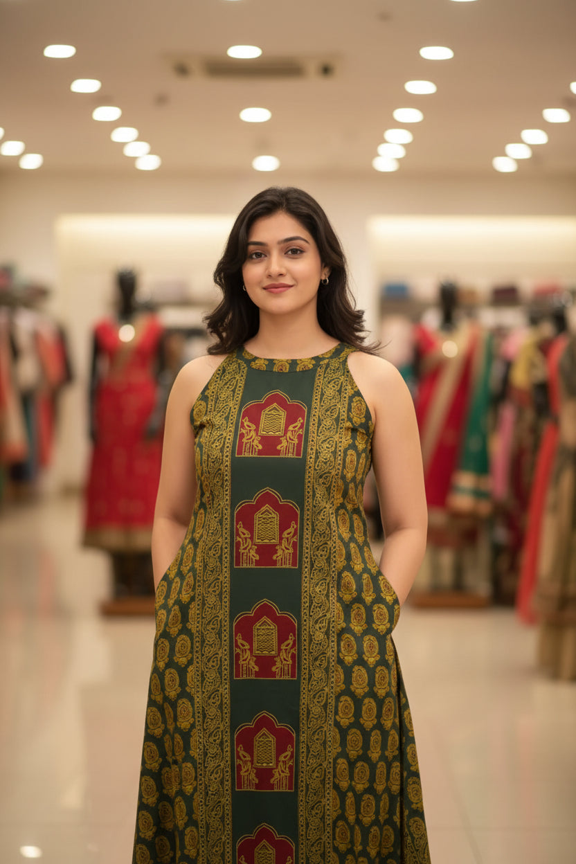 Woman in a green and yellow patterned outfit standing in a shopping mall.