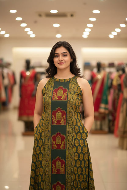 Woman in a green and yellow patterned outfit standing in a shopping mall.