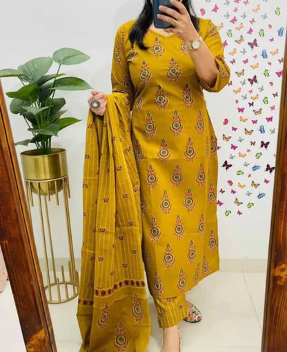 Elegant Rayon Cotton Kurta Set With Printed Dupatta