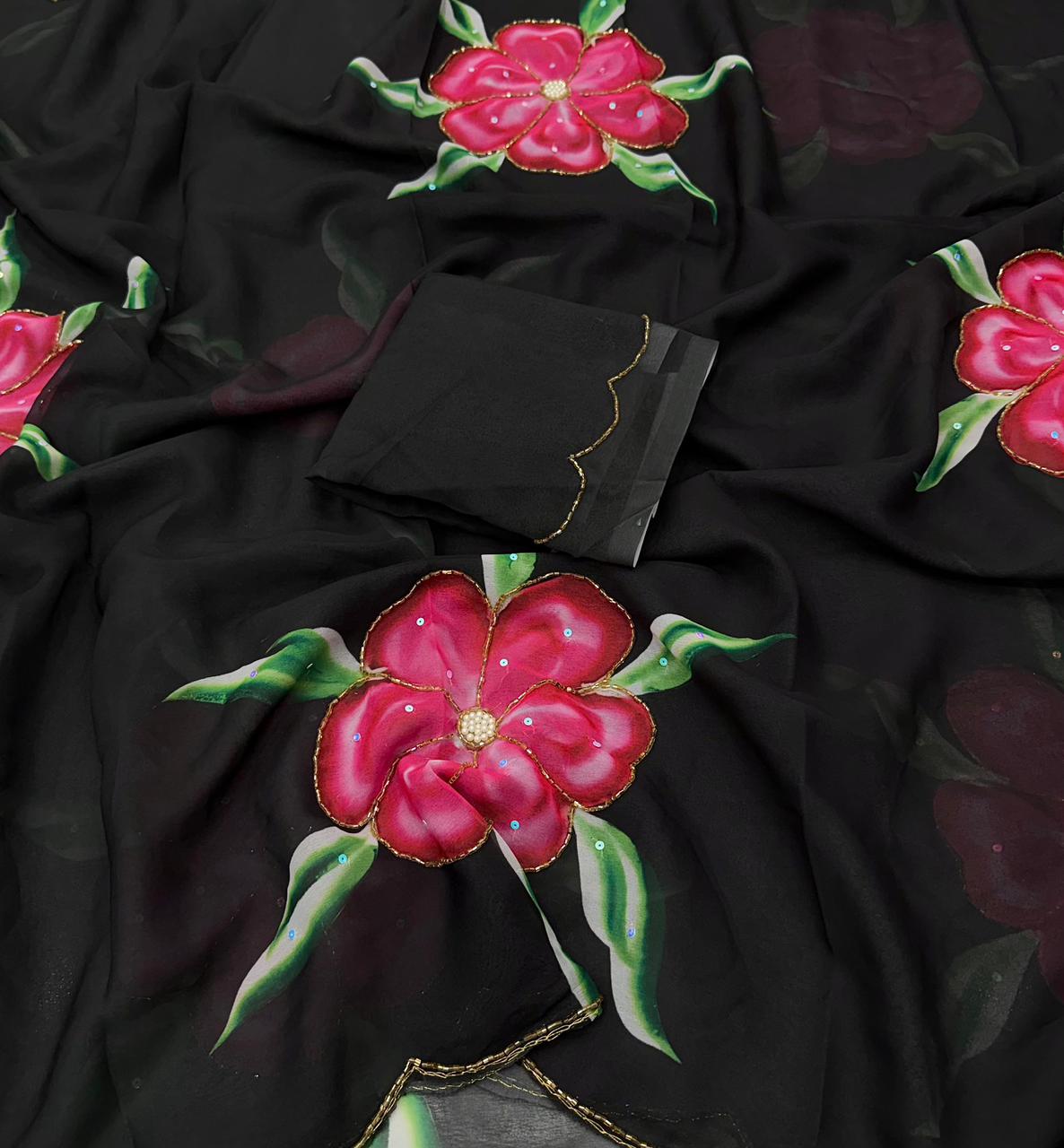 Stunning Floral Georgette Silk Saree With Cutdana Work