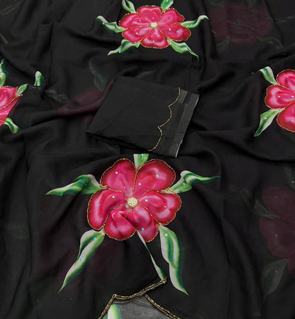 Stunning Floral Georgette Silk Saree With Cutdana Work