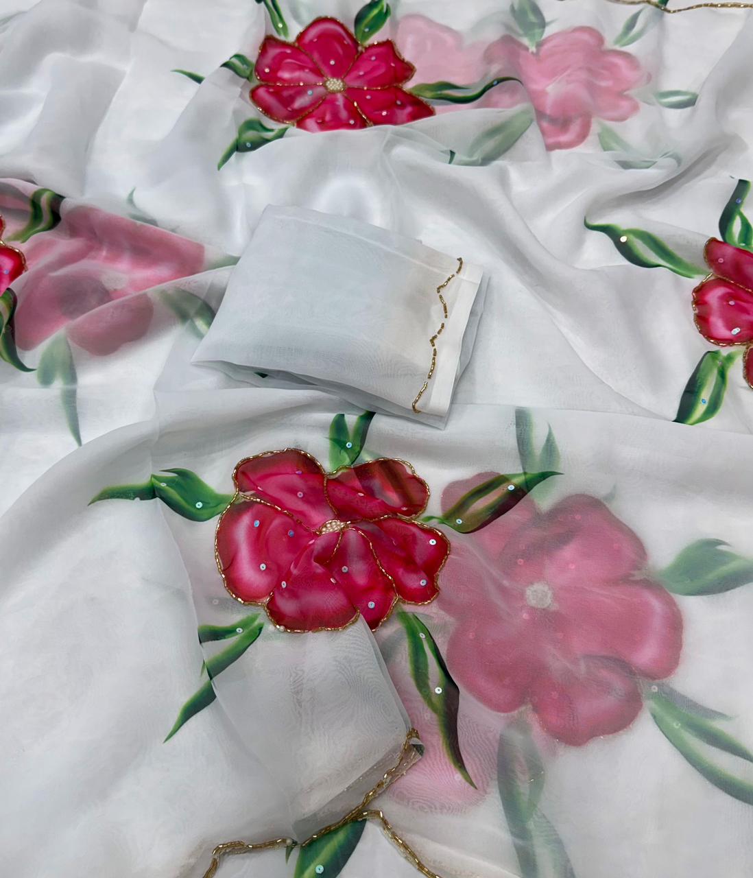 Stunning Floral Georgette Silk Saree With Cutdana Work