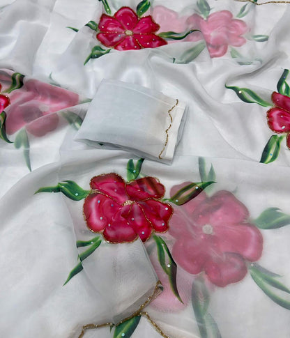 Stunning Floral Georgette Silk Saree With Cutdana Work
