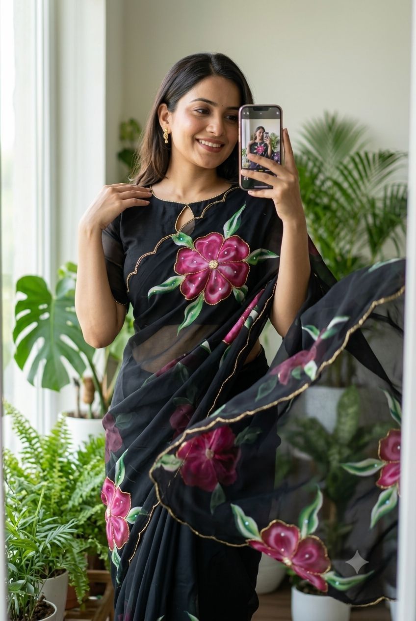 Stunning Floral Georgette Silk Saree With Cutdana Work