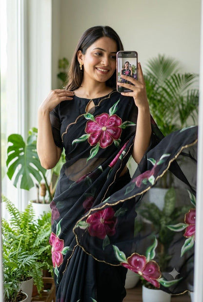 Stunning Floral Georgette Silk Saree With Cutdana Work