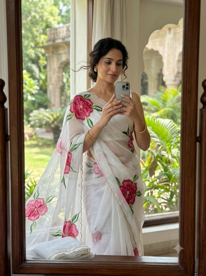 Stunning Floral Georgette Silk Saree With Cutdana Work