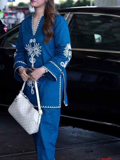 Charming Blue Embroidered Cotton Co-Ord Set