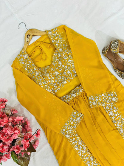 Premium Mustard Yellow Indo-Western Lehenga Choli Set