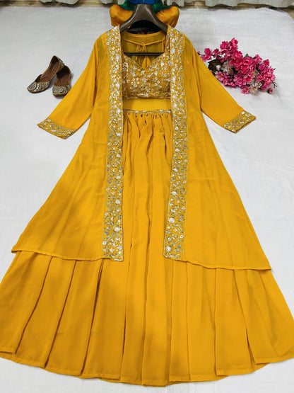Premium Mustard Yellow Indo-Western Lehenga Choli Set