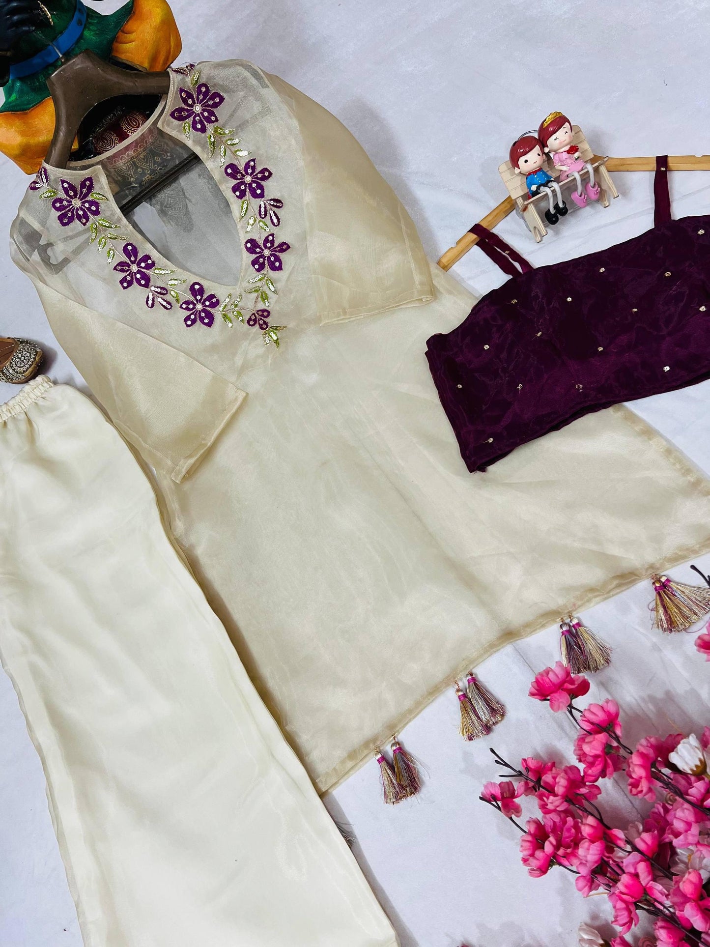 Organza Embroidered 3-Piece Kurti Set