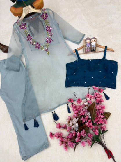 Organza Embroidered 3-Piece Kurti Set