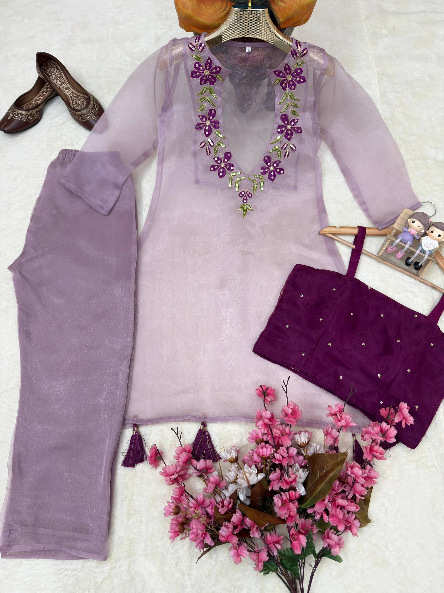 Organza Embroidered 3-Piece Kurti Set