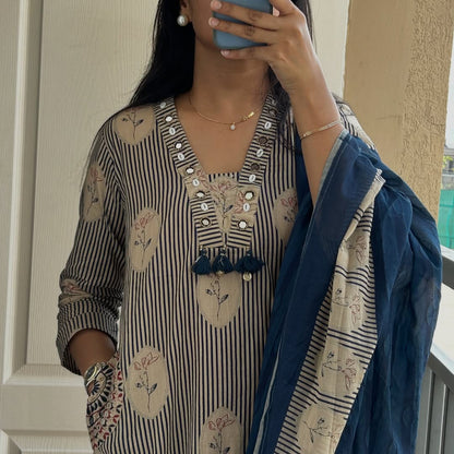 Beige Statement Pocket Style Cotton Kurta Set