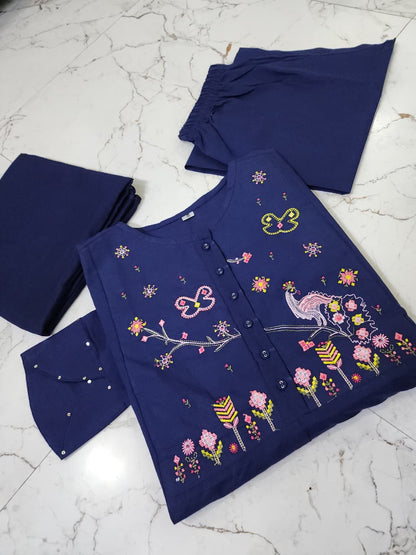Stylish Embroidered Cotton Kurta 3-Piece Set