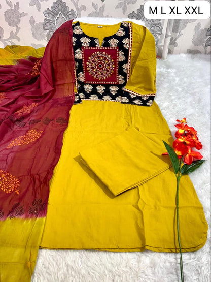 Vibrant Yellow  Embroidered Cotton Kurta Set
