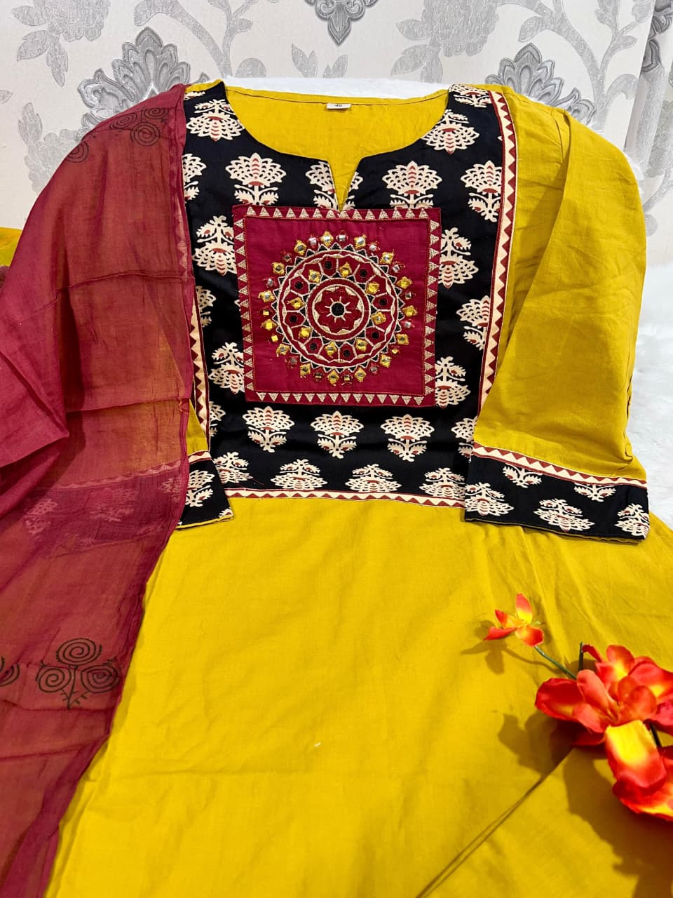 Vibrant Yellow  Embroidered Cotton Kurta Set
