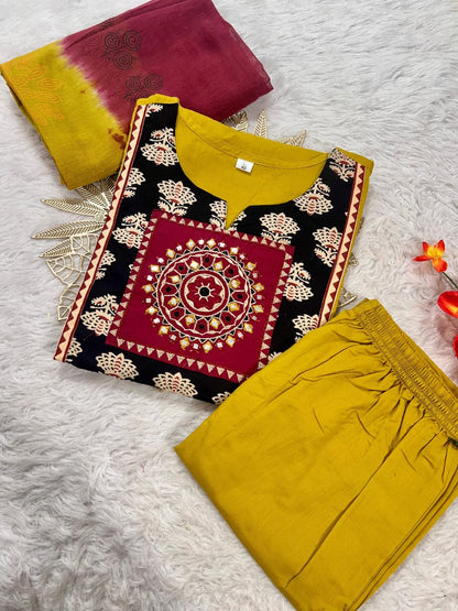 Vibrant Yellow  Embroidered Cotton Kurta Set