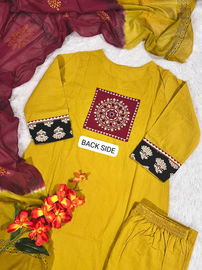 Vibrant Yellow  Embroidered Cotton Kurta Set